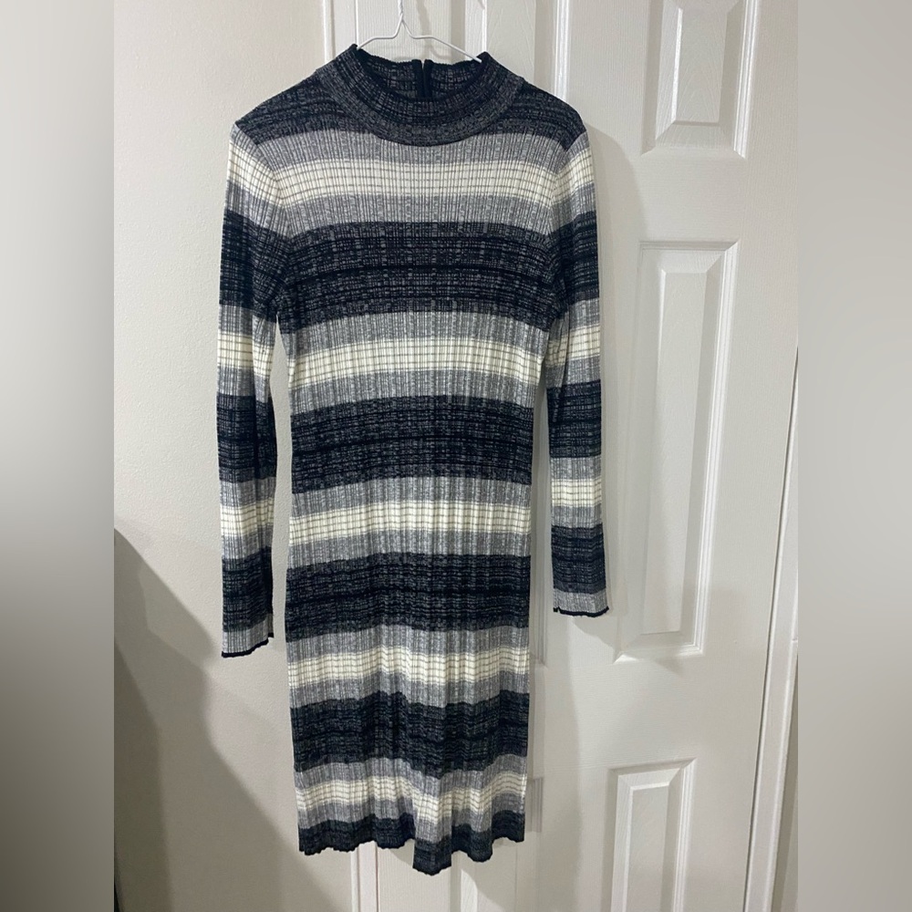 Calvin Klein Blue and White Ribbed Long Sleeve Sweater Dress